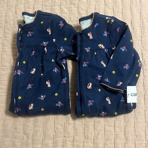 NWT Carters Set of 2 Baby Girl sleepers blue pink trim 3 months cats flowers